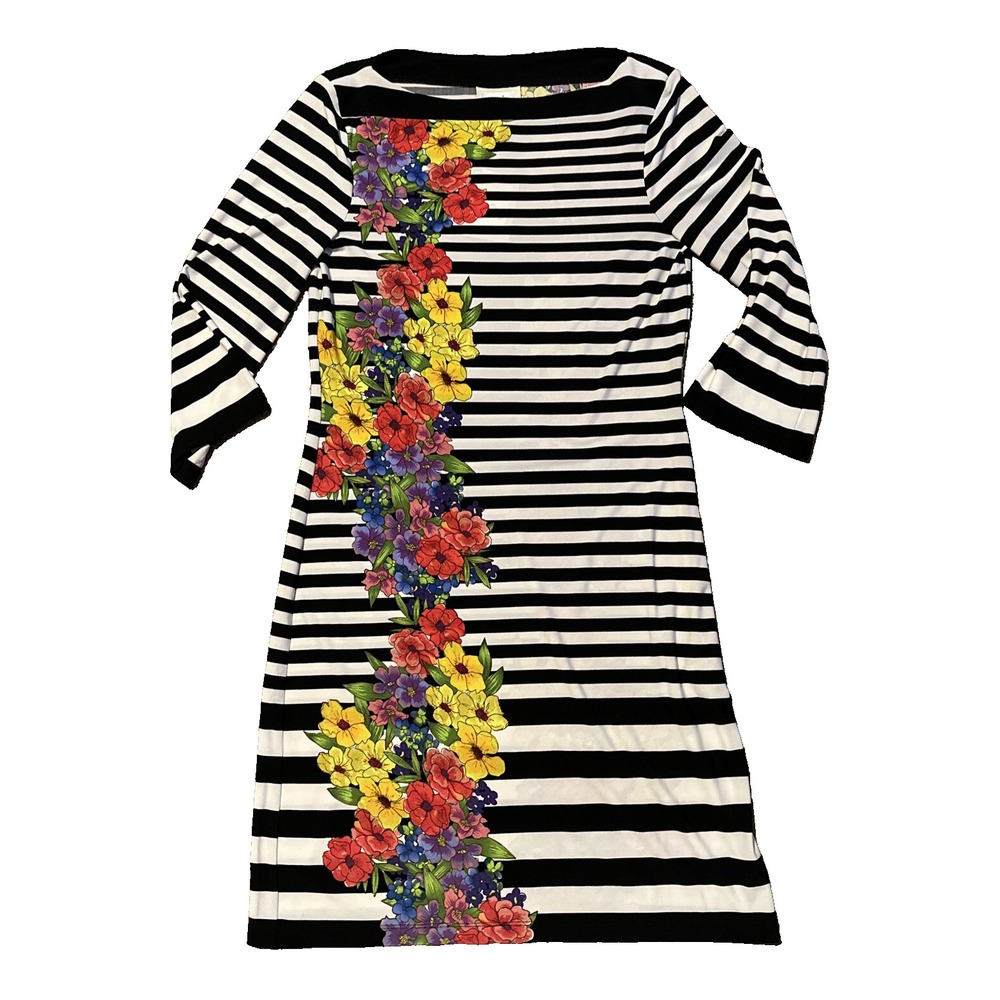 Eci New York Shift Dress Black/White Stripes Flowers Size 4